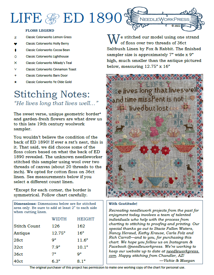 Life by ED - Reproduction Sampler Chart by Needlework Press