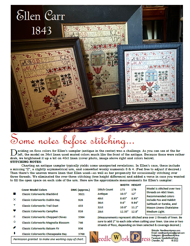 Ellen Carr 1843- Reproduction Sampler Chart by Needlework Press