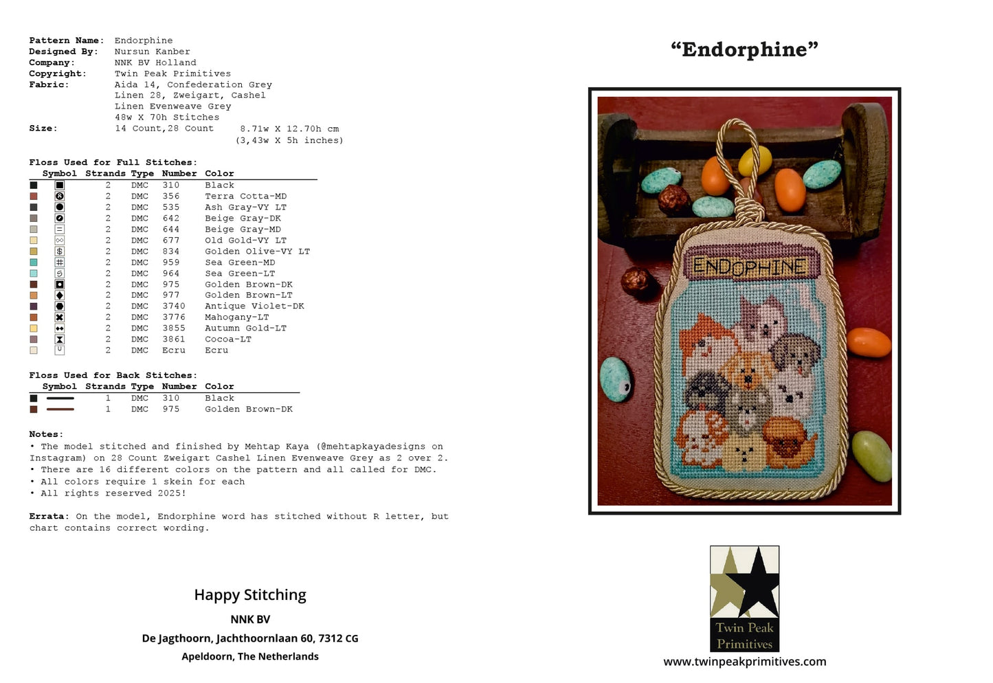 Endorphine - Cross Stitch Pattern by Twin Peak Primitives PREORDER