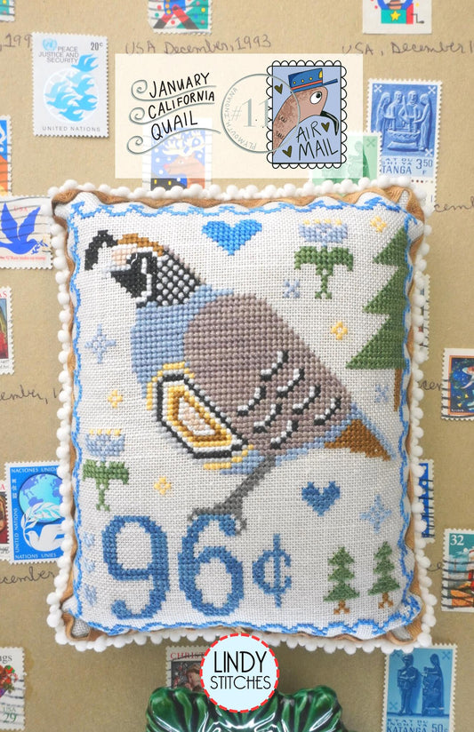 Air Mail January - California Quail - Cross Stitch Pattern by Lindy Stitches