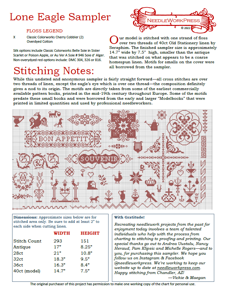 Lone Eagle - Reproduction Sampler Chart by Needlework Press