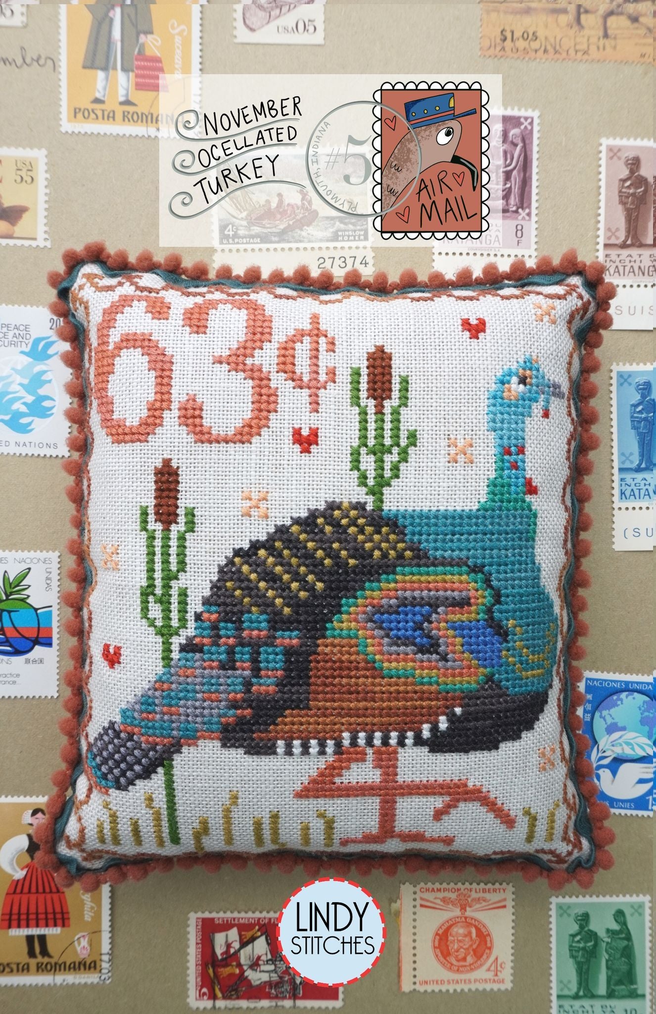 Air Mail November - Ocellated Turkey - Cross Stitch Pattern by Lindy Stitches