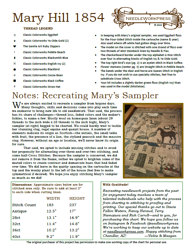 Mary Hill 1854 - Reproduction Sampler Chart by Needlework Press