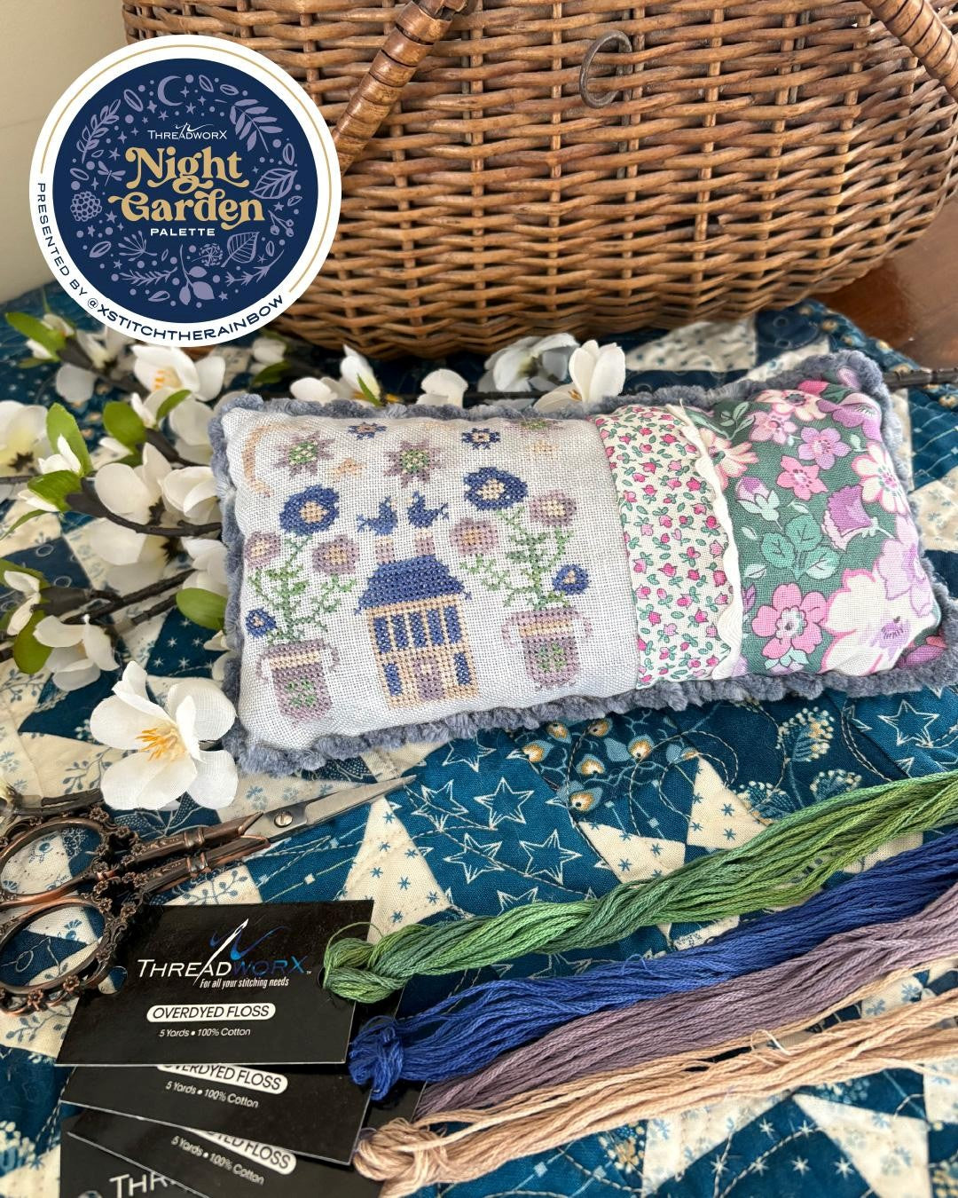 Midnight Posies Pin Pillow - Cross Stitch Pattern by Pansy Patch PREORDER