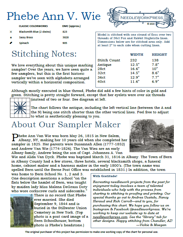 Phebe Ann V. Wie Sampler - Reproduction Sampler Chart by Needlework Press