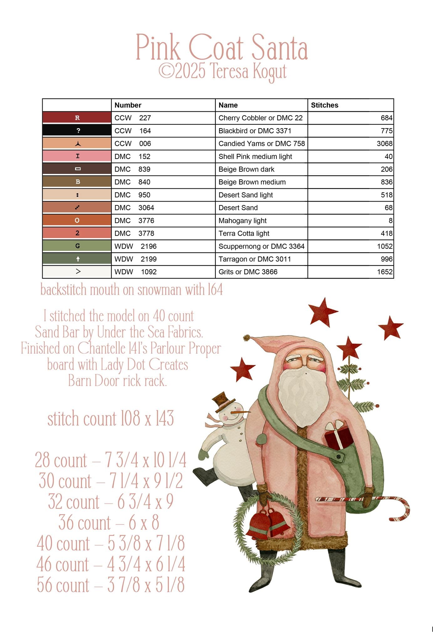 Pink Coat Santa - Cross Stitch Pattern by Teresa Kogut PREORDER