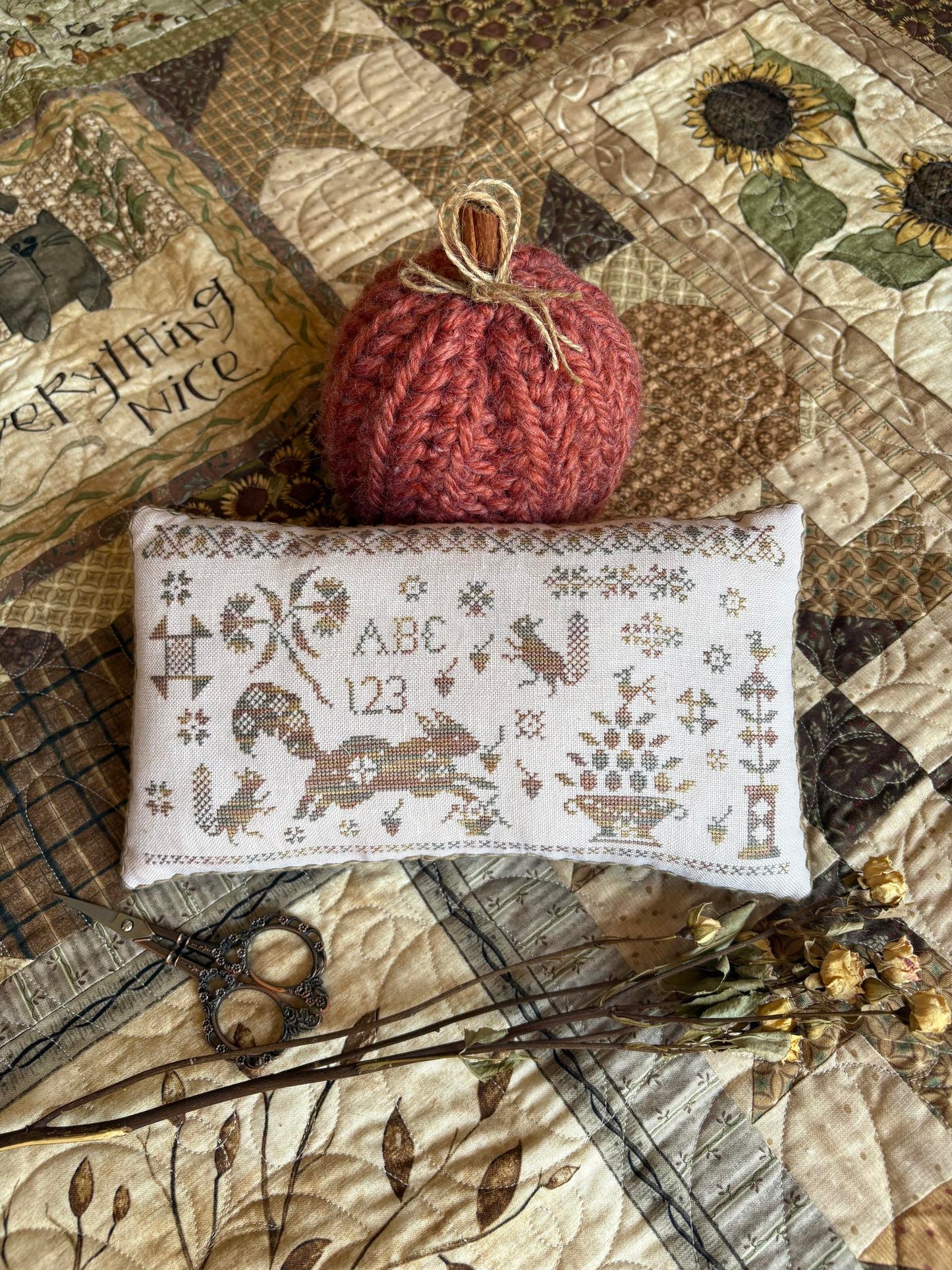 Sassy Squirrel Pinkeep - Cross Stitch Pattern by Pansy Patch PREORDER