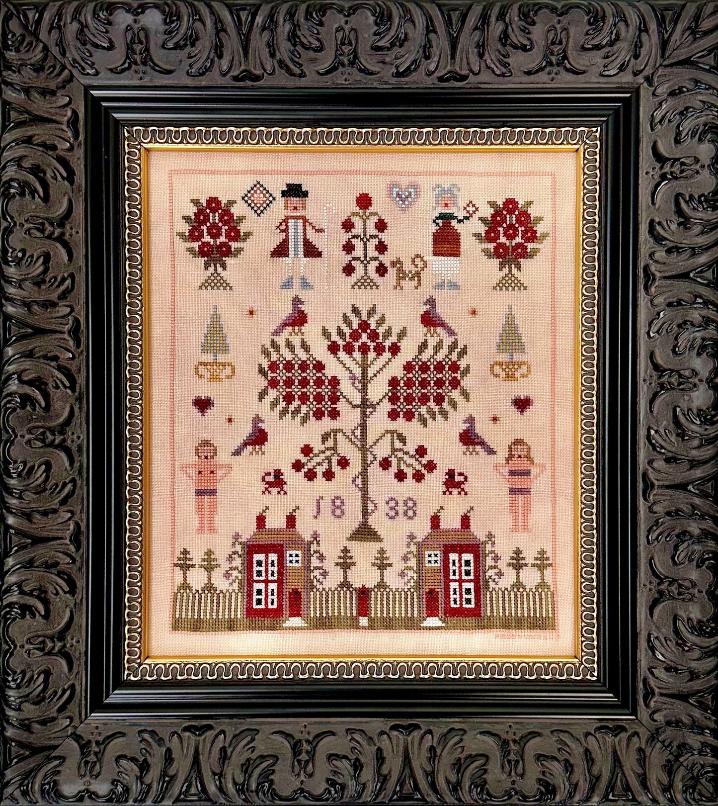 Two Red Houses - Reproduction Sampler Pattern by Fox & Rabbit Designs