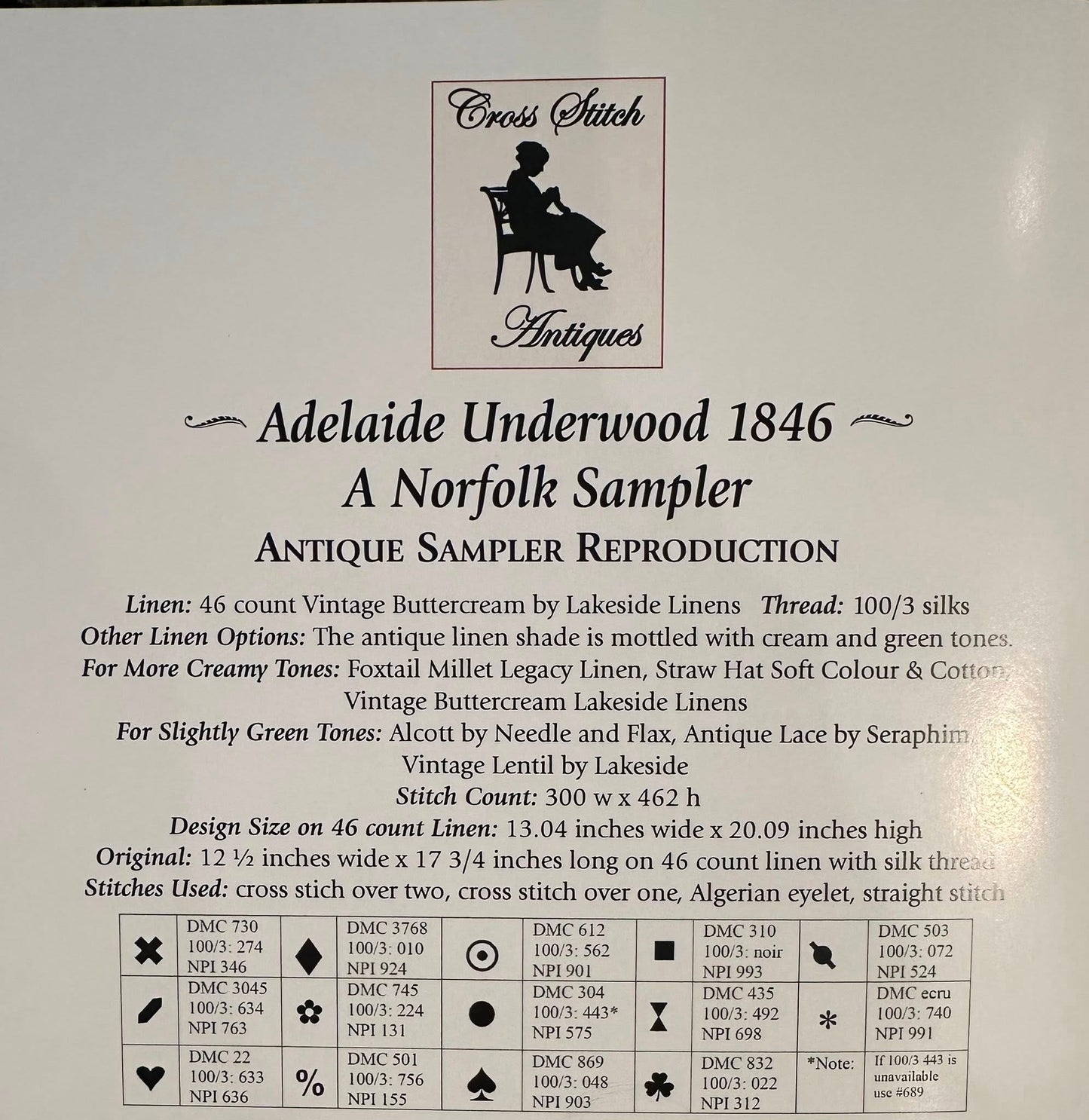Adelaide Underwood 1846 - Reproduction Sampler Pattern by Cross Stitch Antiques PREORDER
