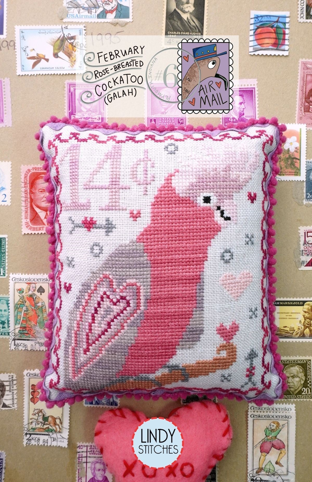 Air Mail February - Rose Breasted Cockatoo - Cross Stitch Pattern by Lindy Stitches