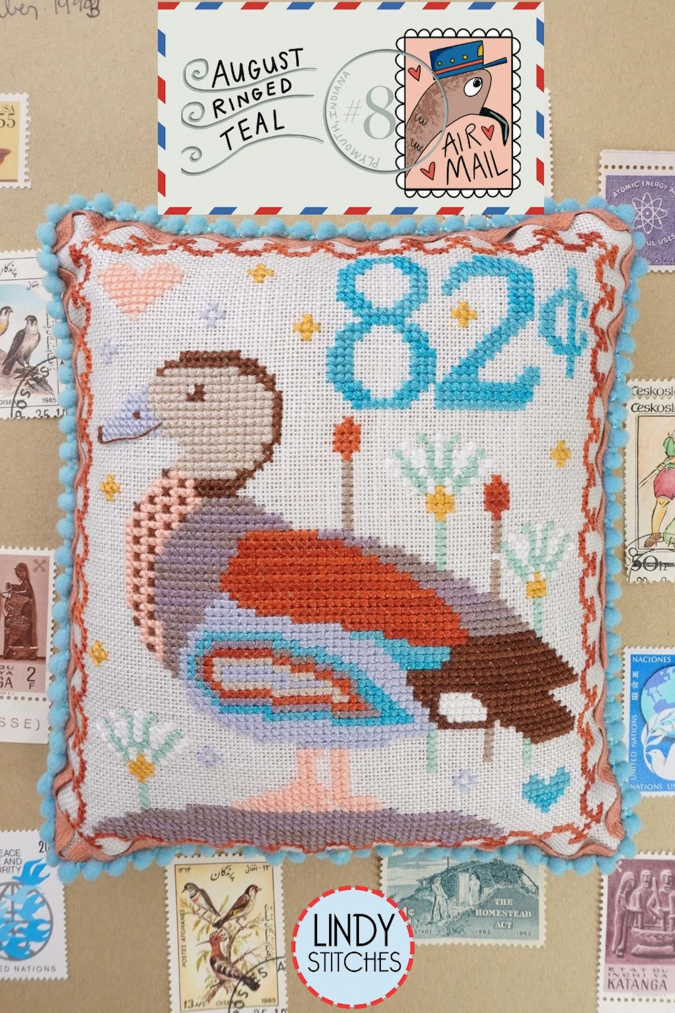 Air Mail August - Ringed Teal - Cross Stitch Pattern by Lindy Stitches