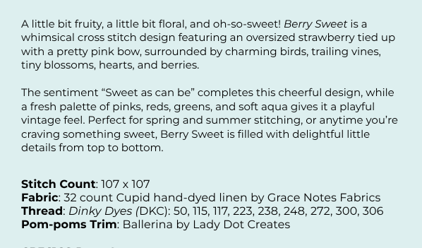 Berry Sweet - Cross Stitch Pattern by Cherry Blossoms PREORDER