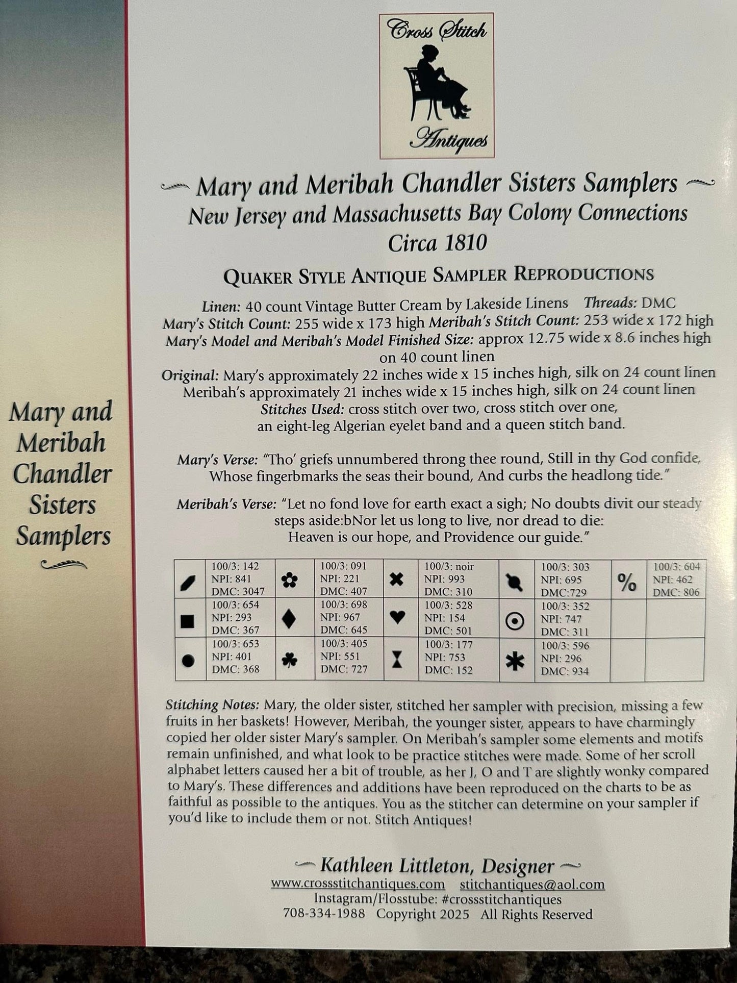 Mary & Meribah Sister Samplers - Reproduction Sampler Pattern by Cross Stitch Antiques PREORDER