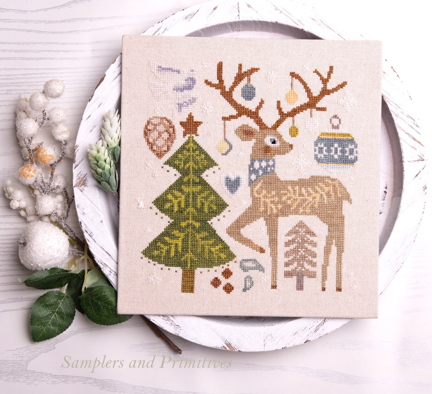 Festive Reindeer - Cross Stitch Pattern by Samplers and Primitives PREORDER