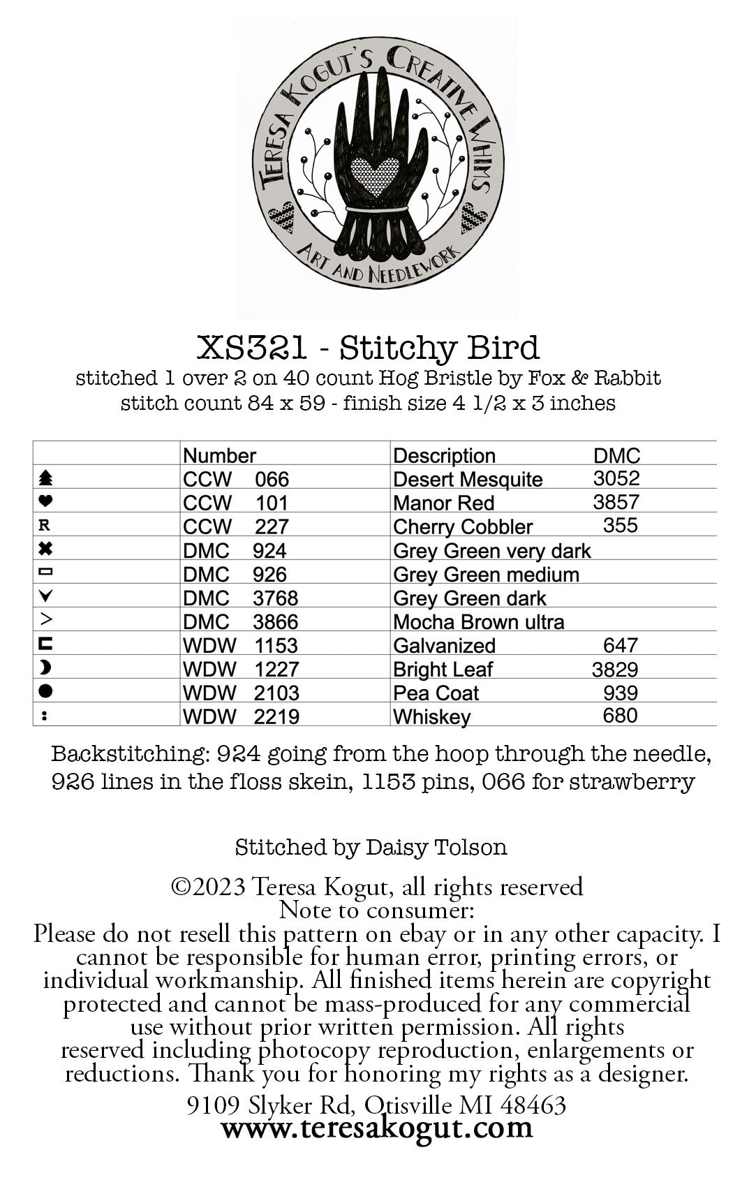 Stitchy Bird - Cross Stitch Pattern by Teresa Kogut