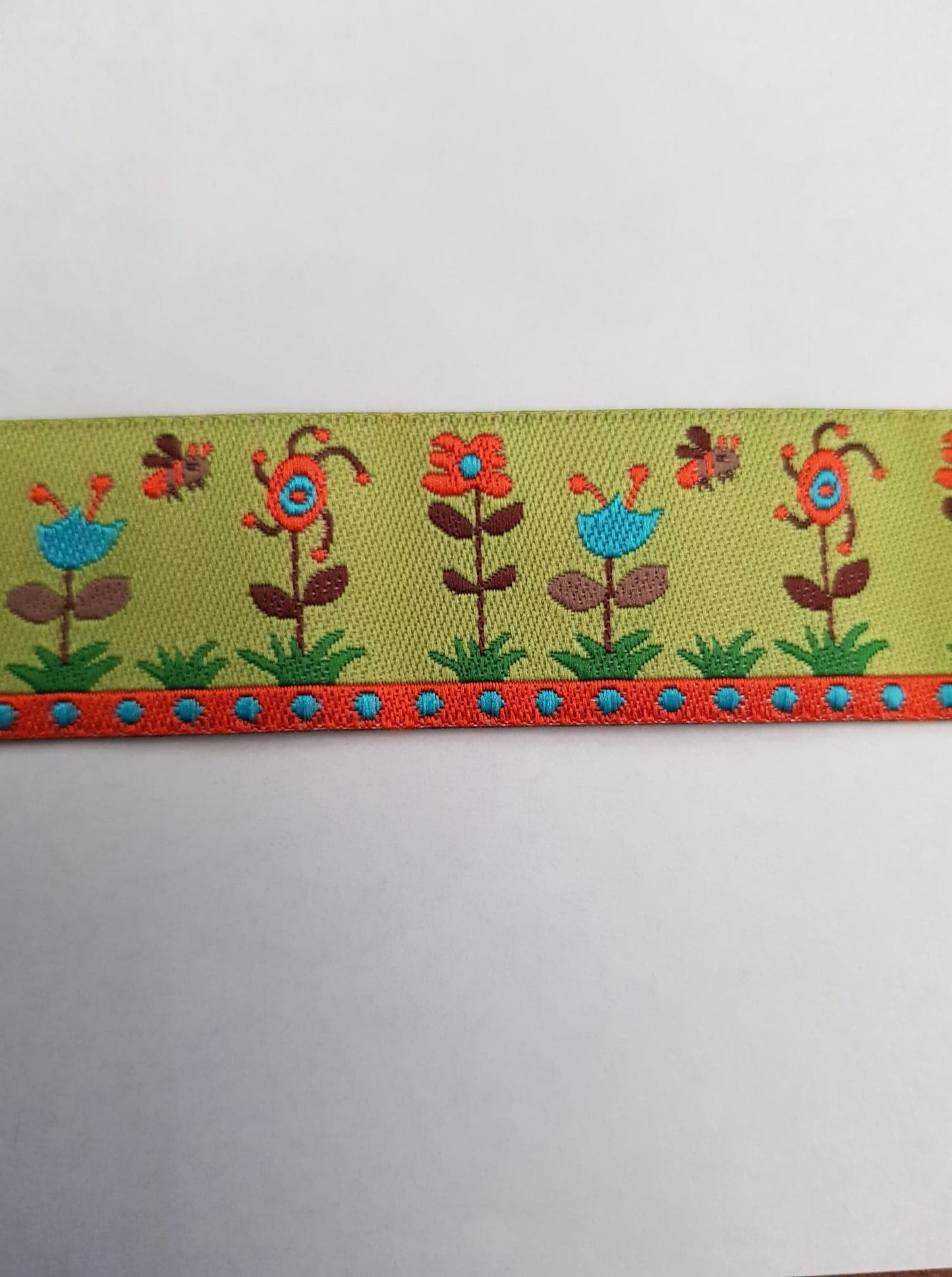 Green Garden Flowers Ribbon - by Sue Spargo