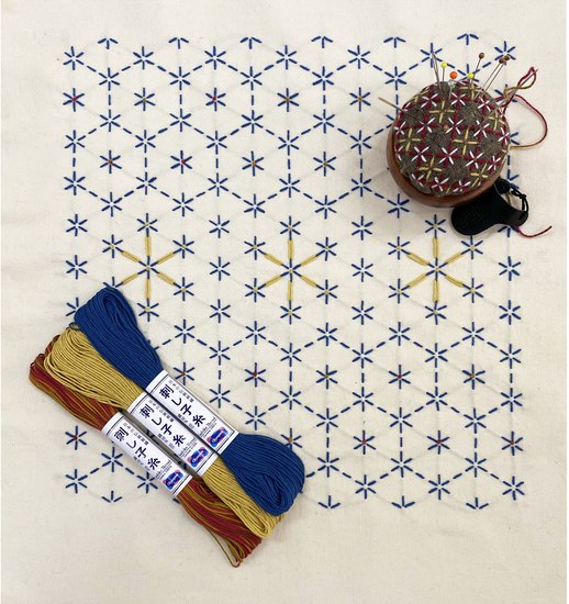 Turtle Shell Connected & Daisy Flowers Pre-Stencilled Sashiko Fabric - Gold