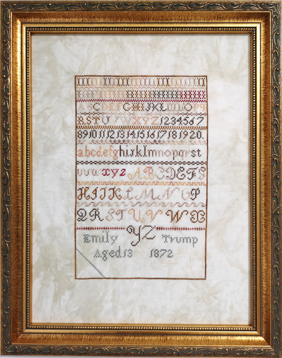 Emily Trump 1872 - Reproduction Sampler by Fox & Rabbit Designs