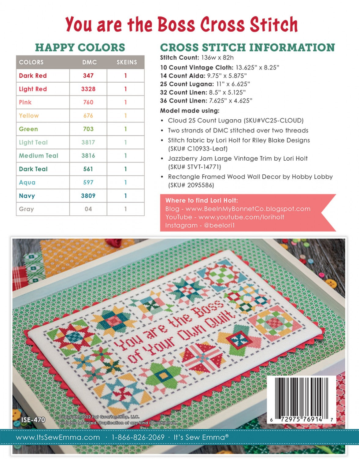 You Are The Boss Cross Stitch Pattern by Lori Holt
