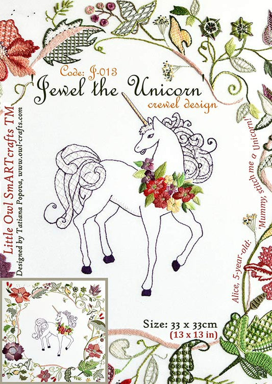 Jewel the Unicorn Crewel Embroidery Pattern