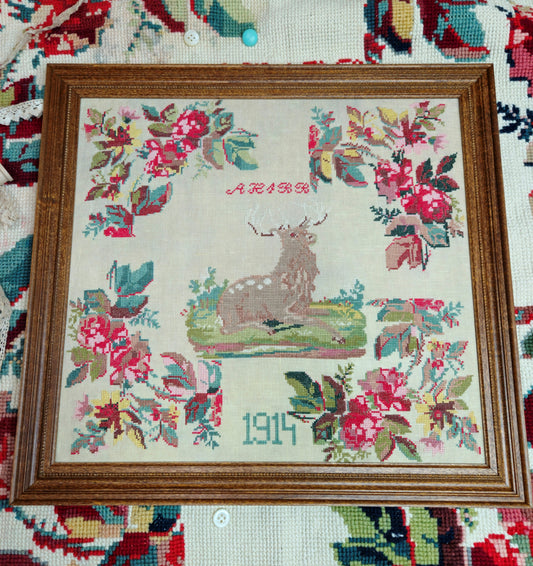 1914 Floral Stag - Cross Stitch Pattern by Quaint Rose Needlearts
