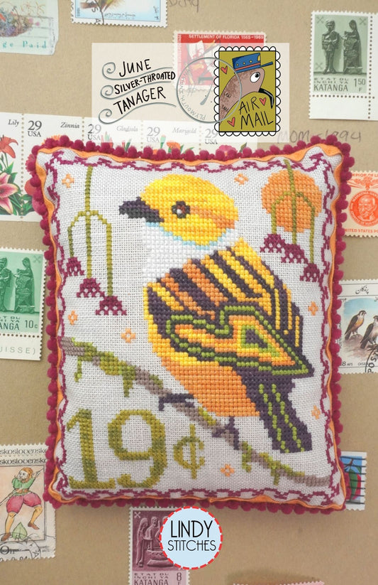 Air Mail June - Silver Throated Tanager - Cross Stitch Pattern by Lindy Stitches