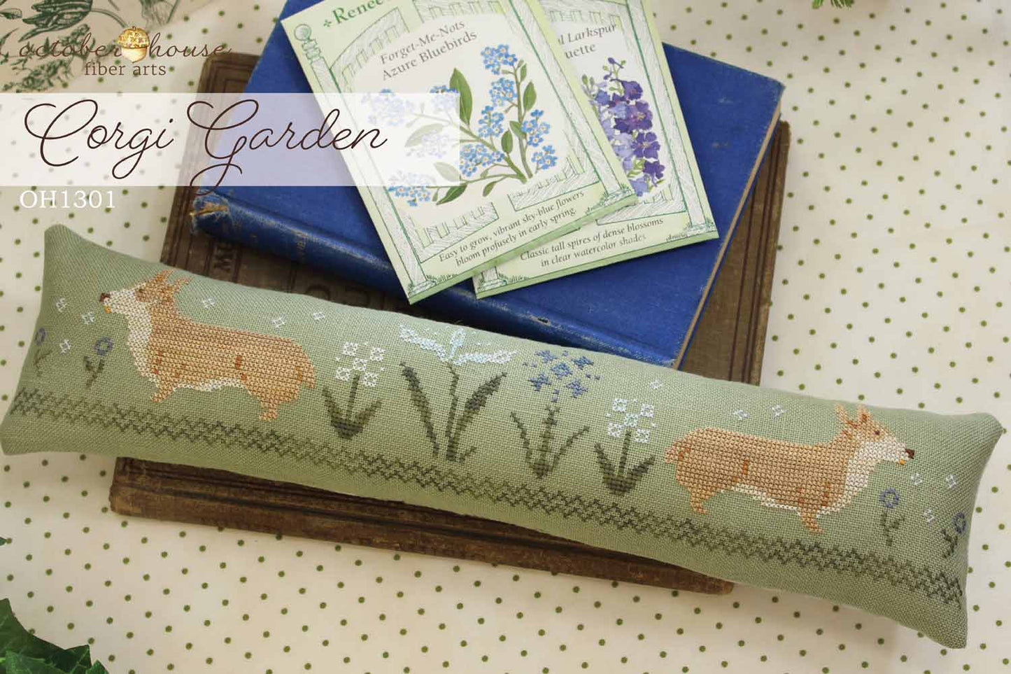 Corgi Garden - Cross Stitch Pattern by October House Fiber Arts PREORDER