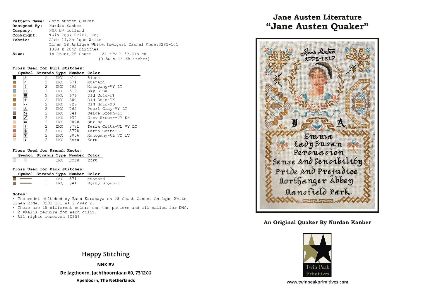 Jane Austen Quaker - Cross Stitch Pattern by Twin Peak Primitives