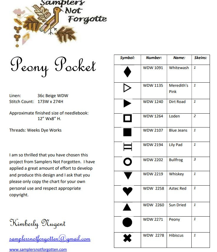 Peony Pocket and Accessories Chart - Cross Stitch Pattern by Samplers Not Forgotten