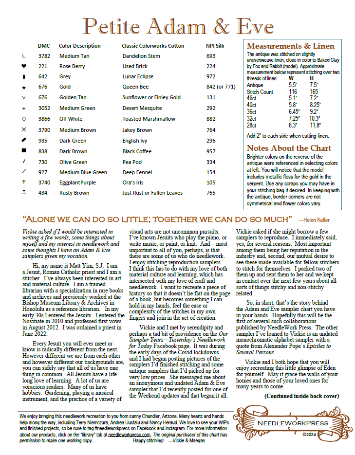 Petite Adam & Eve  - Reproduction Sampler Chart by Needlework Press