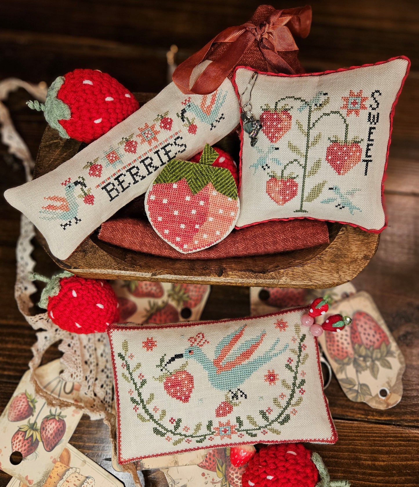 Strawberry Thieves Pin Keeps - Cross Stitch Pattern by Quaint Rose Needlearts PREORDER