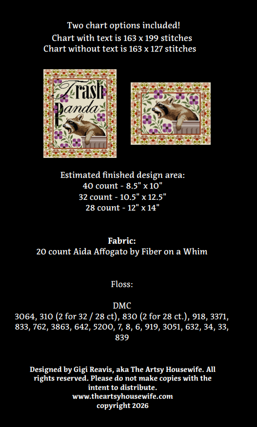 Trash Panda - Cross Stitch Pattern by The Artsy Housewife PREORDER