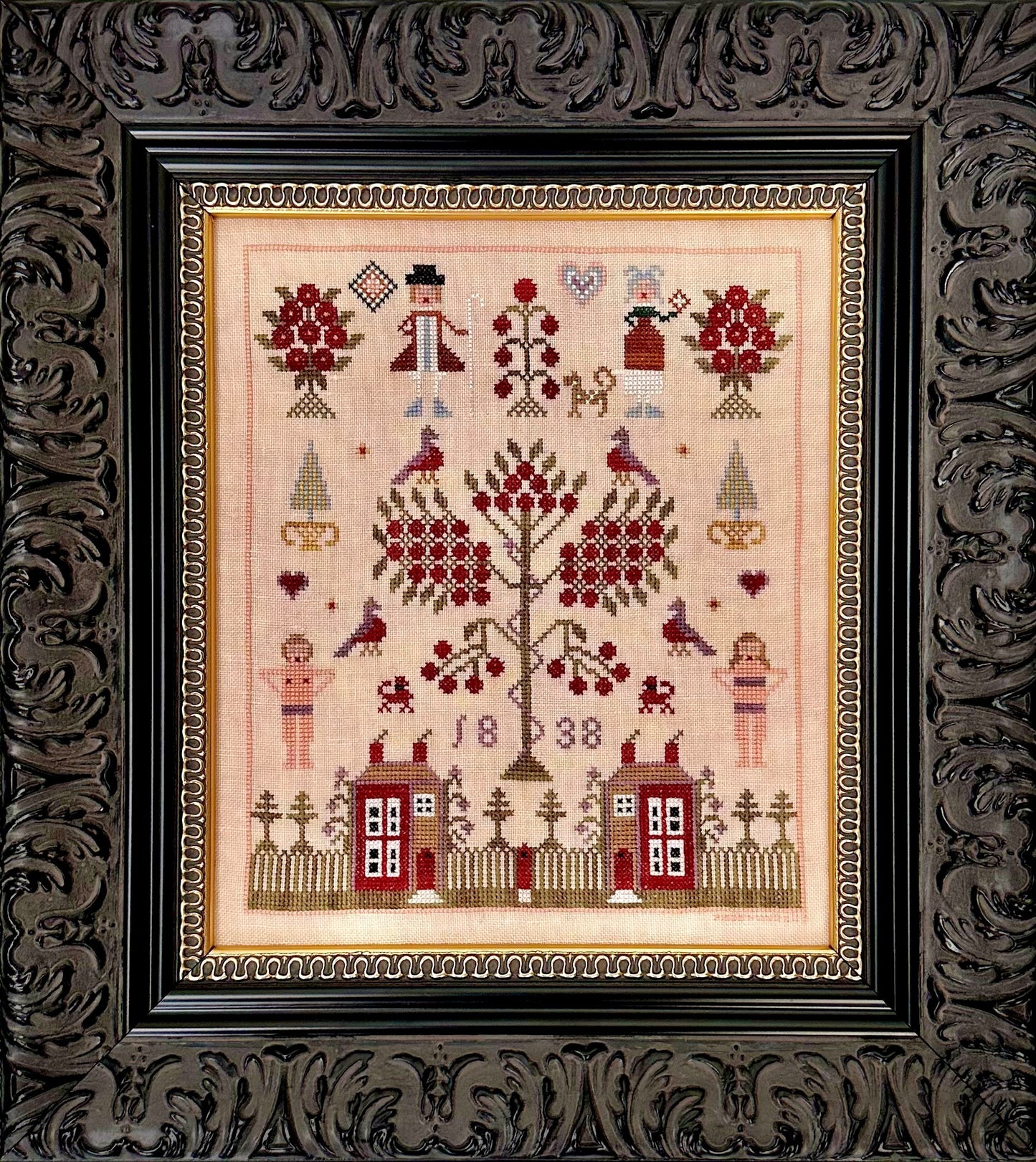 Two Red Houses - Reproduction Sampler Pattern by Fox & Rabbit Designs