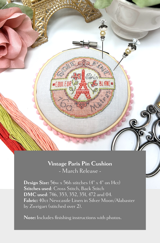 Vintage Paris Pincushion - Cross Stitch Pattern by Tiny Modernist PREORDER