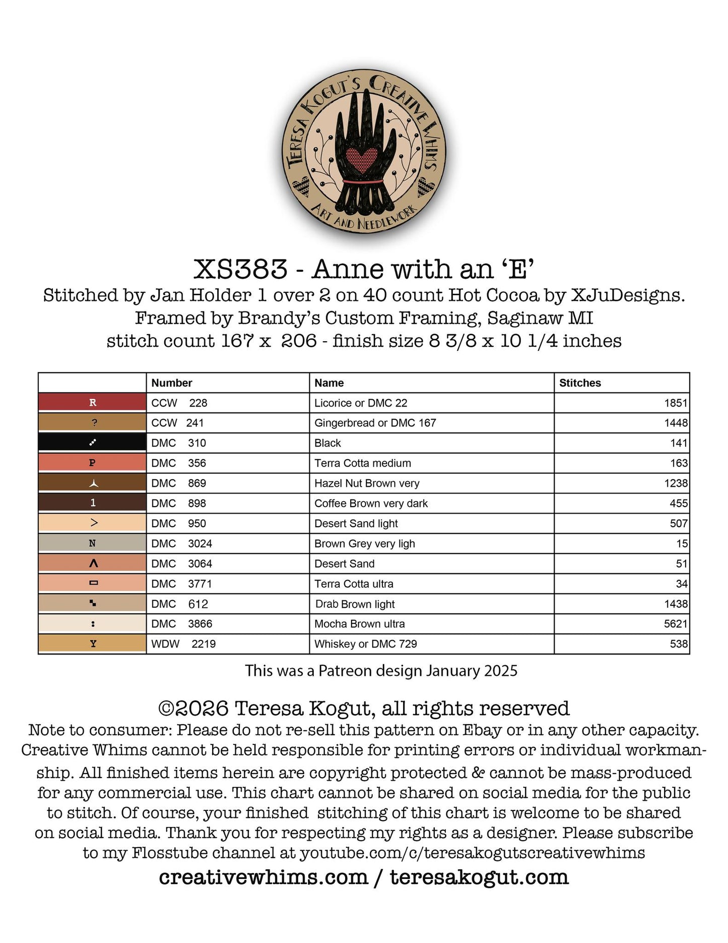 Anne with an “E” - Cross Stitch Pattern by Teresa Kogut PREORDER