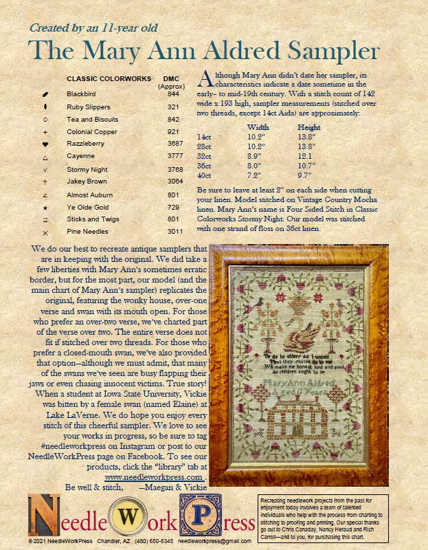 Mary Ann Aldred  - Reproduction Sampler Chart by Needlework Press