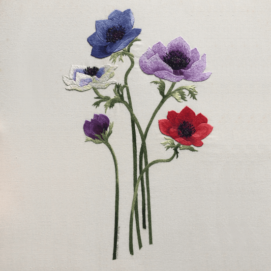 Anemones Embroidery Design - Printed Panel by Roseworks