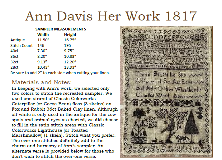 Ann Davis Sampler -Reproduction Pattern by Needlework Press PREORDER