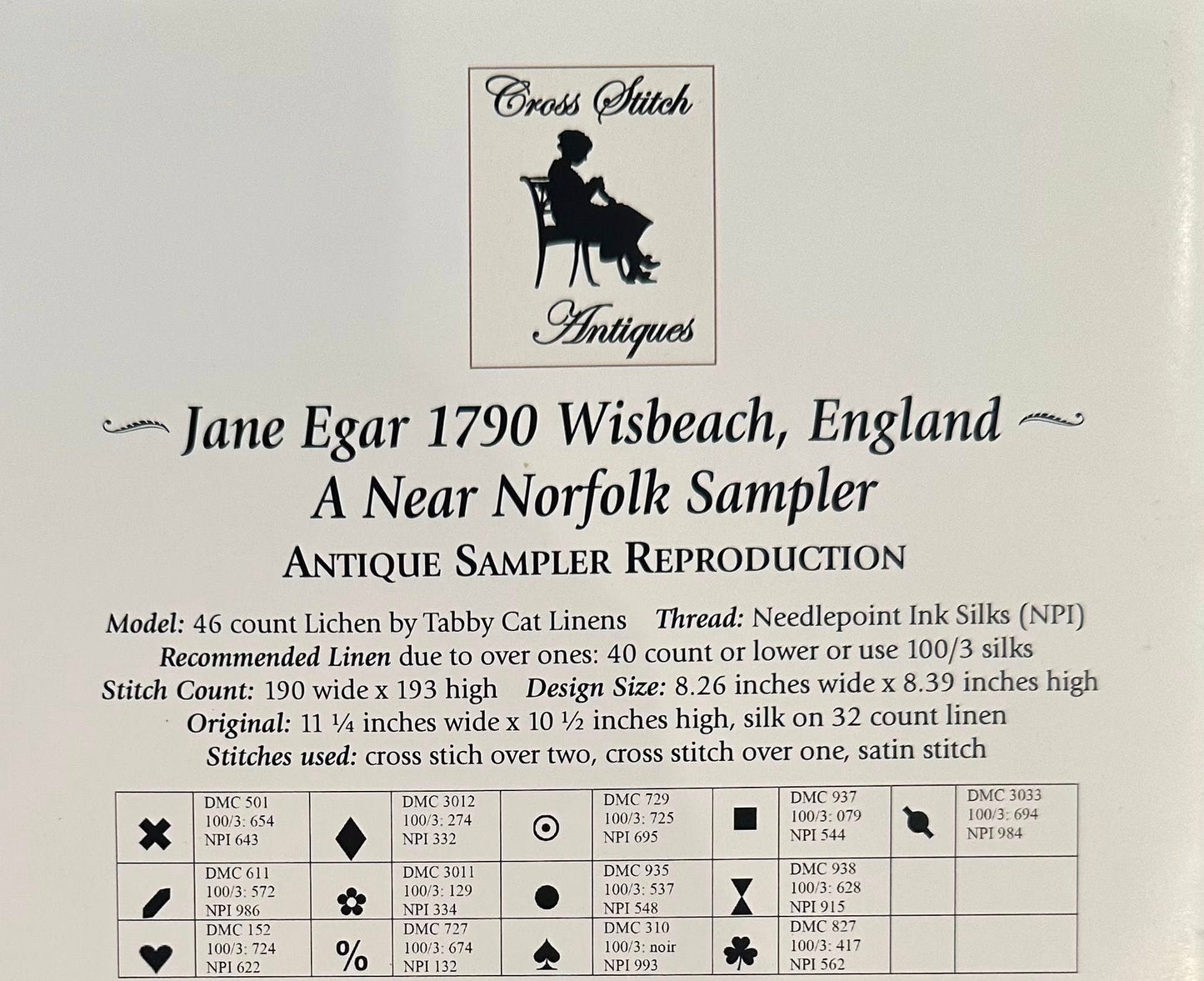 Jane Egar 1790 - Reproduction Sampler Pattern by Cross Stitch Antiques PREORDER