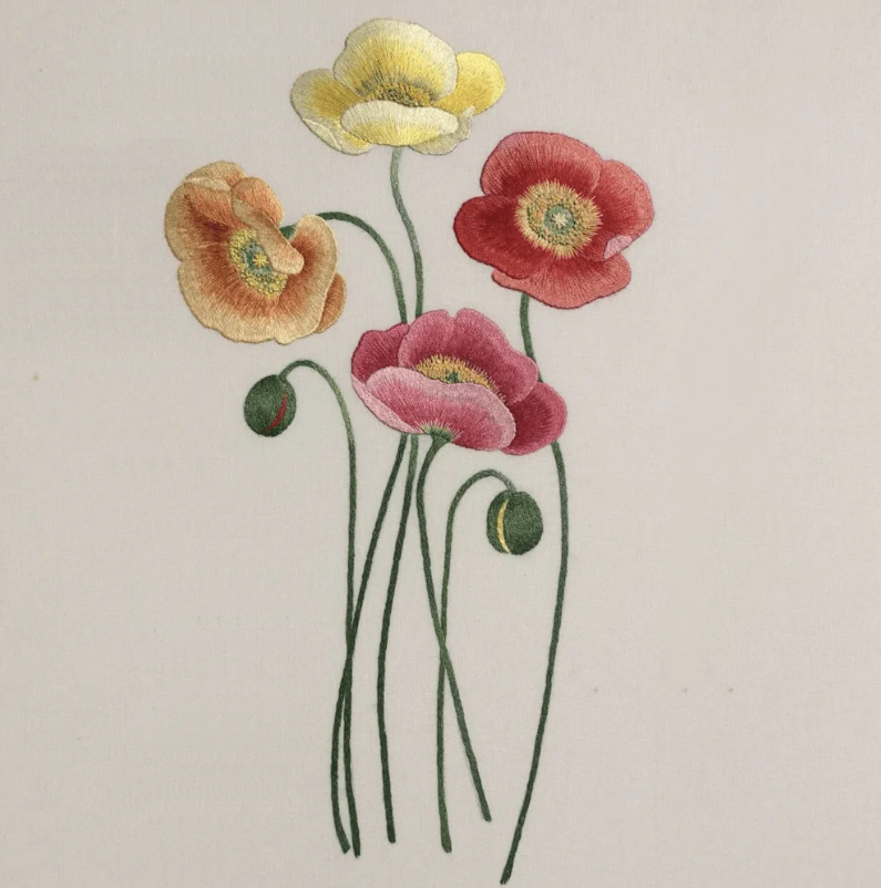 Poppies Embroidery Design - Printed Panel by Roseworks