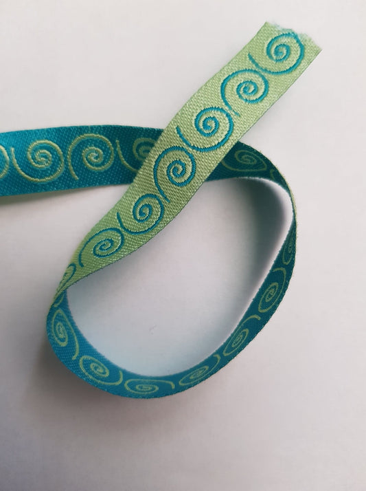 Swirl Pattern Teal/Lime 10mm Ribbon by Nancy Ziemann