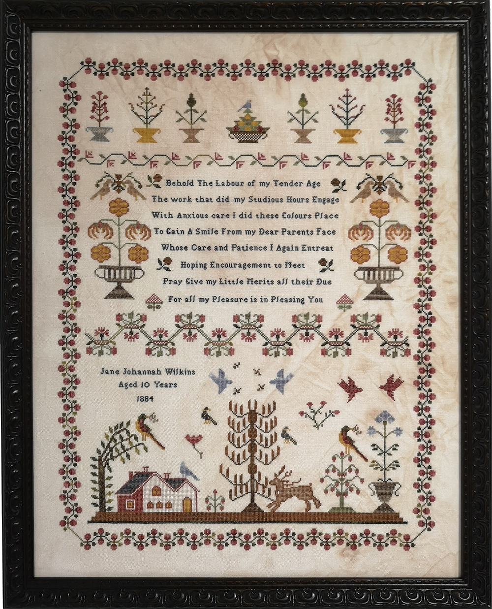 Jane Johannah Wilkins 1884 - Reproduction Sampler by by Fox & Rabbit Designs