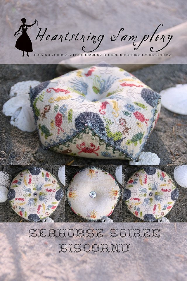 Seahorse Soiree Biscornu - Cross Stitch Pattern by Heartstring Samplery