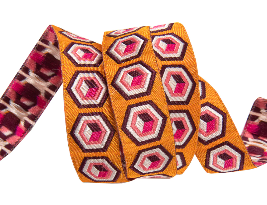 Hexagon Orange & Pink 7/8"-Tula Pink Vintage Ribbon