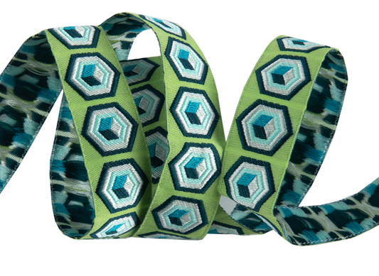 Hexagon Green & Blue 7/8"-Tula Pink Vintage Ribbon