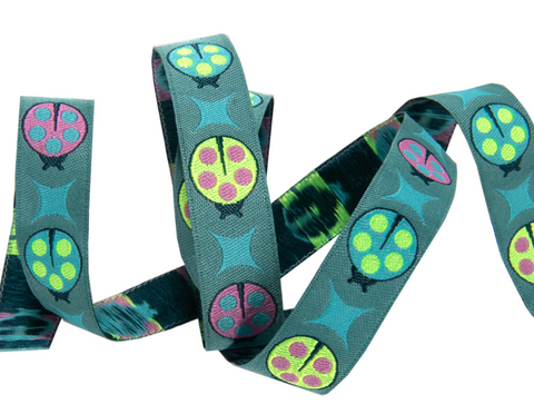 Ladybugs on Teal 5/8"-Tula Pink Vintage Ribbon