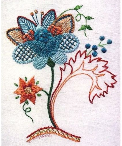 Minuet Mini Jacobean Embroidery Design - Printed Panel by Roseworks