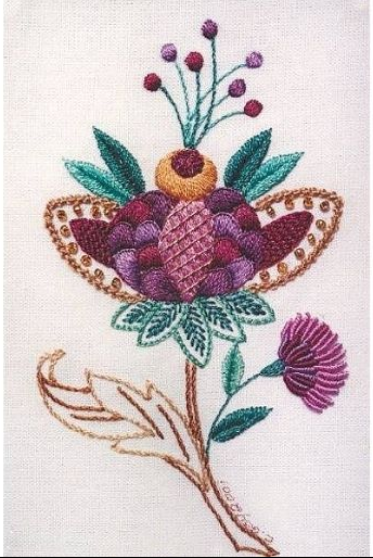 Pavane Mini Jacobean Embroidery Design - Printed Panel by Roseworks