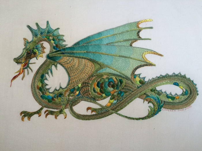 Jade Dragon Embroidery Design - Printed Panel by Roseworks