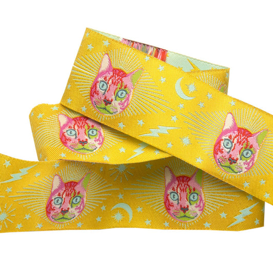 Cheshire Cat on yellow-1 1/2"-Tula Pink Curiouser Ribbon